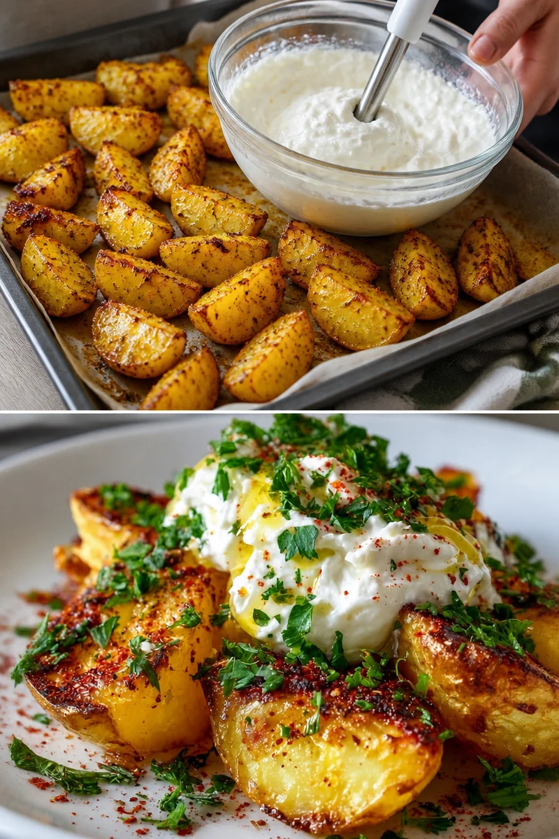 Griechische Ofenkartoffeln mit geschlagenem Feta auf einem Teller serviert