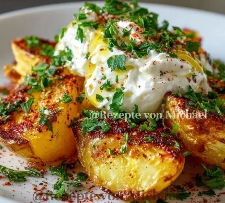 Griechische Ofenkartoffeln mit geschlagenem FetaZutaten
- 1 kg festkochende Kartoffeln
- 4 EL Olivenöl
- 2 TL getrockneter Oregano
- 1 TL Paprikapulver
- Salz und Pfeffer nach Geschmack...