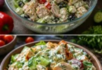 Griechischer Hähnchen Salat mit Tzatziki auf einem Teller