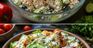 Griechischer Hähnchen Salat mit Tzatziki auf einem Teller