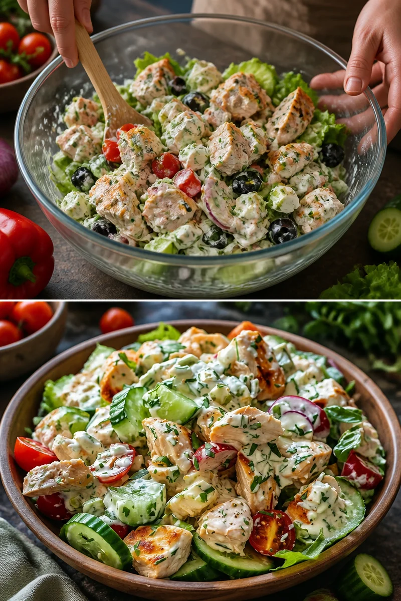 Griechischer Hähnchen Salat mit Tzatziki auf einem Teller