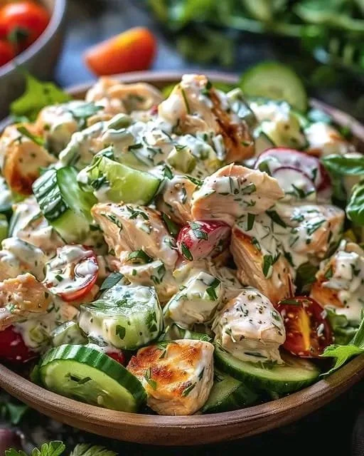 Griechischer Hahnchen Salat Mit 200 G TzatzikiZutaten:
- 4 Hähnchenbrustfilets (ca. 600 g)
- 200 g Tzatziki
- 1 Kopfsalat
- 1 rote Zwiebel
- 1 grüne Paprika
- 1 rote Paprika
- 2 Tomaten
- 100 g sc...