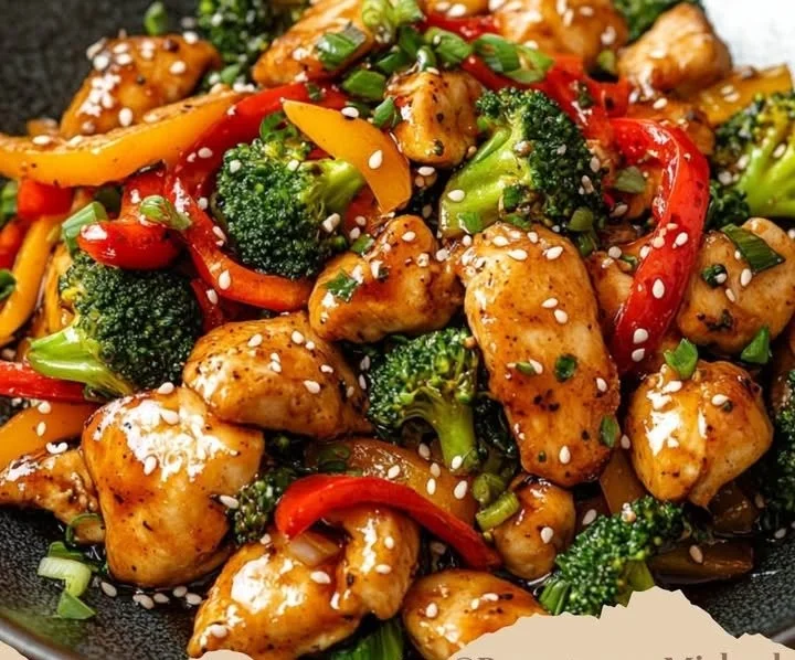 Hähnchen mit Gemüse in Honig-Soja-SauceZutaten- 500 g Hähnchenbrustfilet
- 2 EL Honig
- 4 EL Sojasauce
- 1 EL Sesamöl
- 1 rote Paprika, in Streifen geschnitten
- 1 gelbe Paprika, in Streifen g...