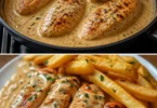 Hähnchenfilet in Knoblauch-Parmesan-Sauce mit Pommes auf einem Teller