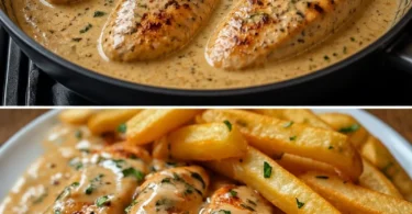 Hähnchenfilet in Knoblauch-Parmesan-Sauce mit Pommes auf einem Teller
