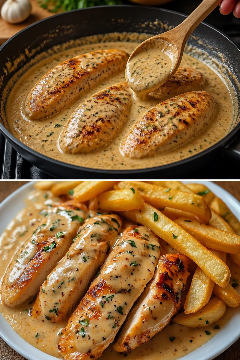 Hähnchenfilet in Knoblauch-Parmesan-Sauce mit Pommes auf einem Teller
