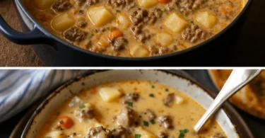Eine Schüssel Hamburger Suppe mit frischem Gemüse und Fleisch