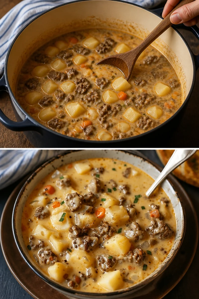 Eine Schüssel Hamburger Suppe mit frischem Gemüse und Fleisch