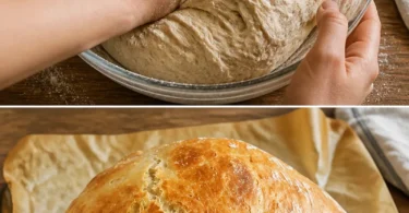 Frisches Hausbrot auf Holzbrett mit frischen Kräutern