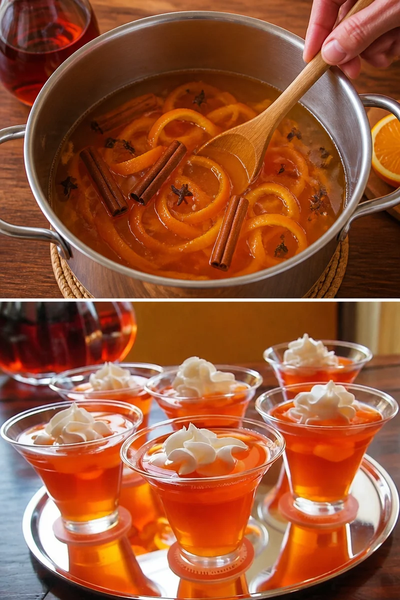 Ein Glas heißer Aperol-Punsch mit Zitrusfrüchten und Gewürzen.
