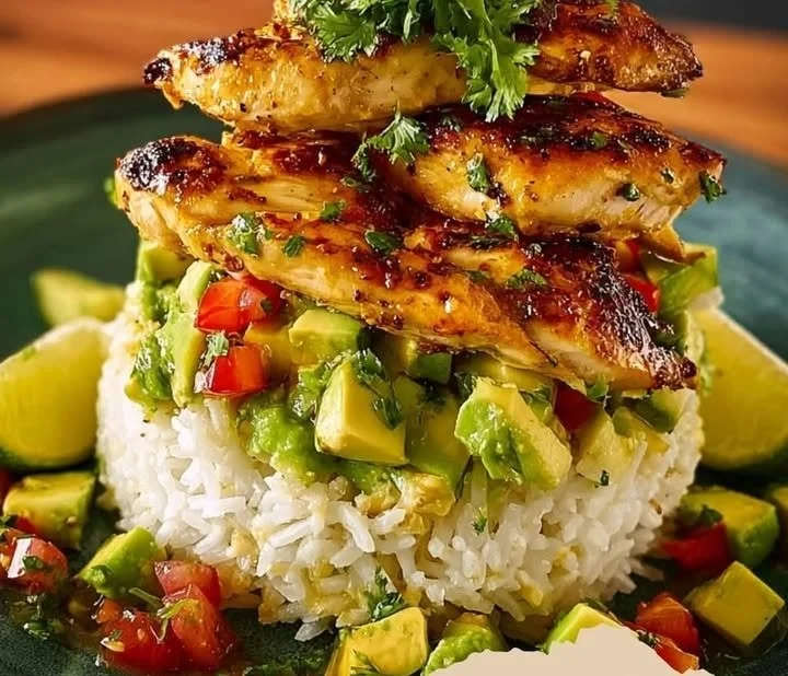 Honig-Limetten-Hühnchen mit Avocado-Reis-Stack