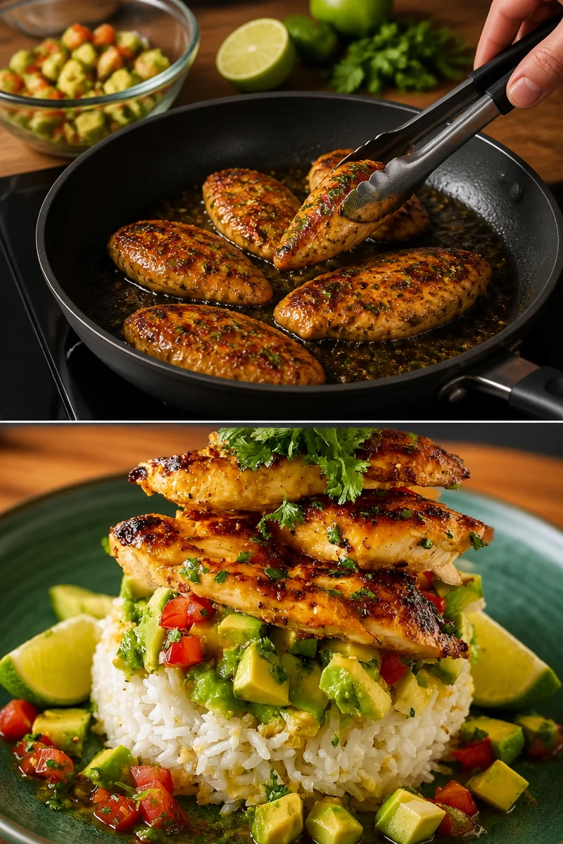 Honig-Limetten-Hühnchen mit Avocado-Reis-Stack auf einem schönen Teller angerichtet