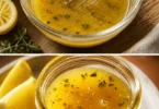 Glas mit Honig-Senf-Vinaigrette und frischen Zutaten auf einem Tisch