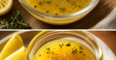 Glas mit Honig-Senf-Vinaigrette und frischen Zutaten auf einem Tisch