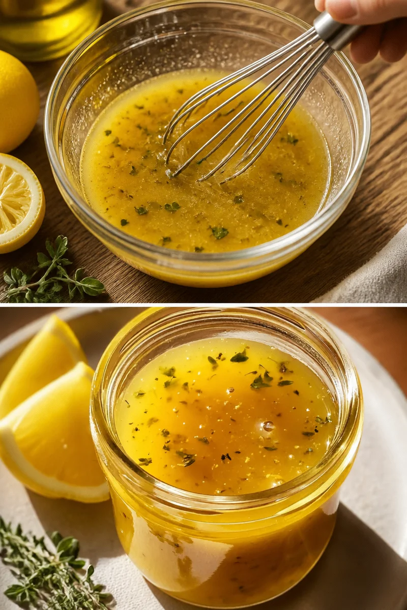 Glas mit Honig-Senf-Vinaigrette und frischen Zutaten auf einem Tisch