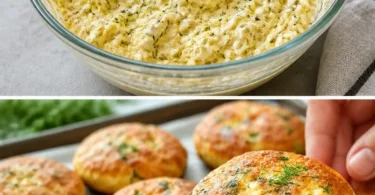 Hüttenkäse-Dill-Brot ohne Mehl auf einem Holzbrett serviert