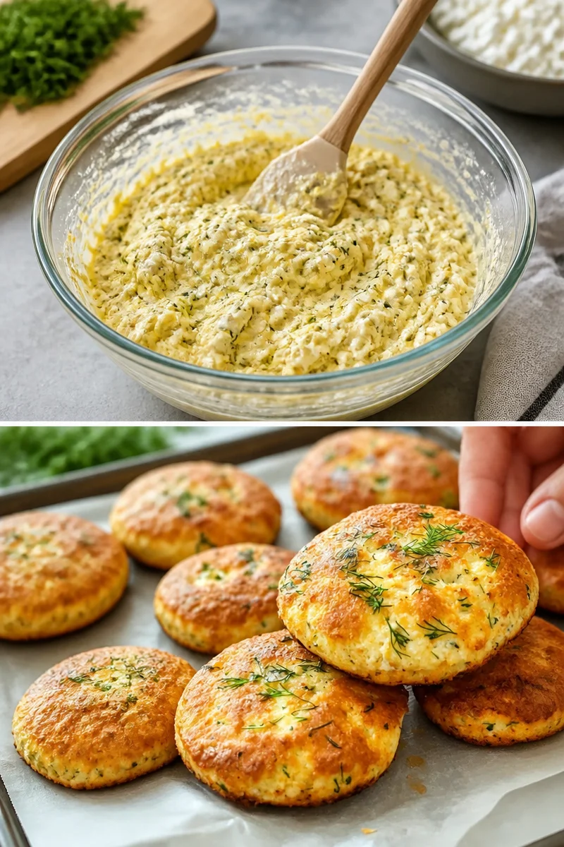 Hüttenkäse-Dill-Brot ohne Mehl auf einem Holzbrett serviert