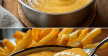 Käsesauce für Pommes in einer Schüssel, ideal für Snacks
