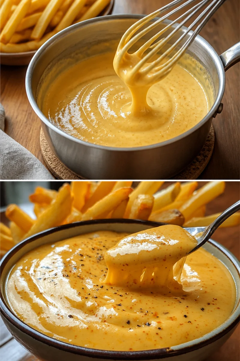Käsesauce für Pommes in einer Schüssel, ideal für Snacks