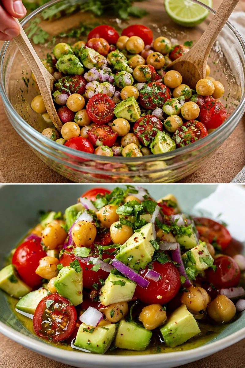 Kichererbsensalat mit Avocado und Tomate auf einem Teller angerichtet.