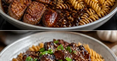Klebriges Honig-Knoblauch-Steak mit Rotini auf einem Teller serviert.