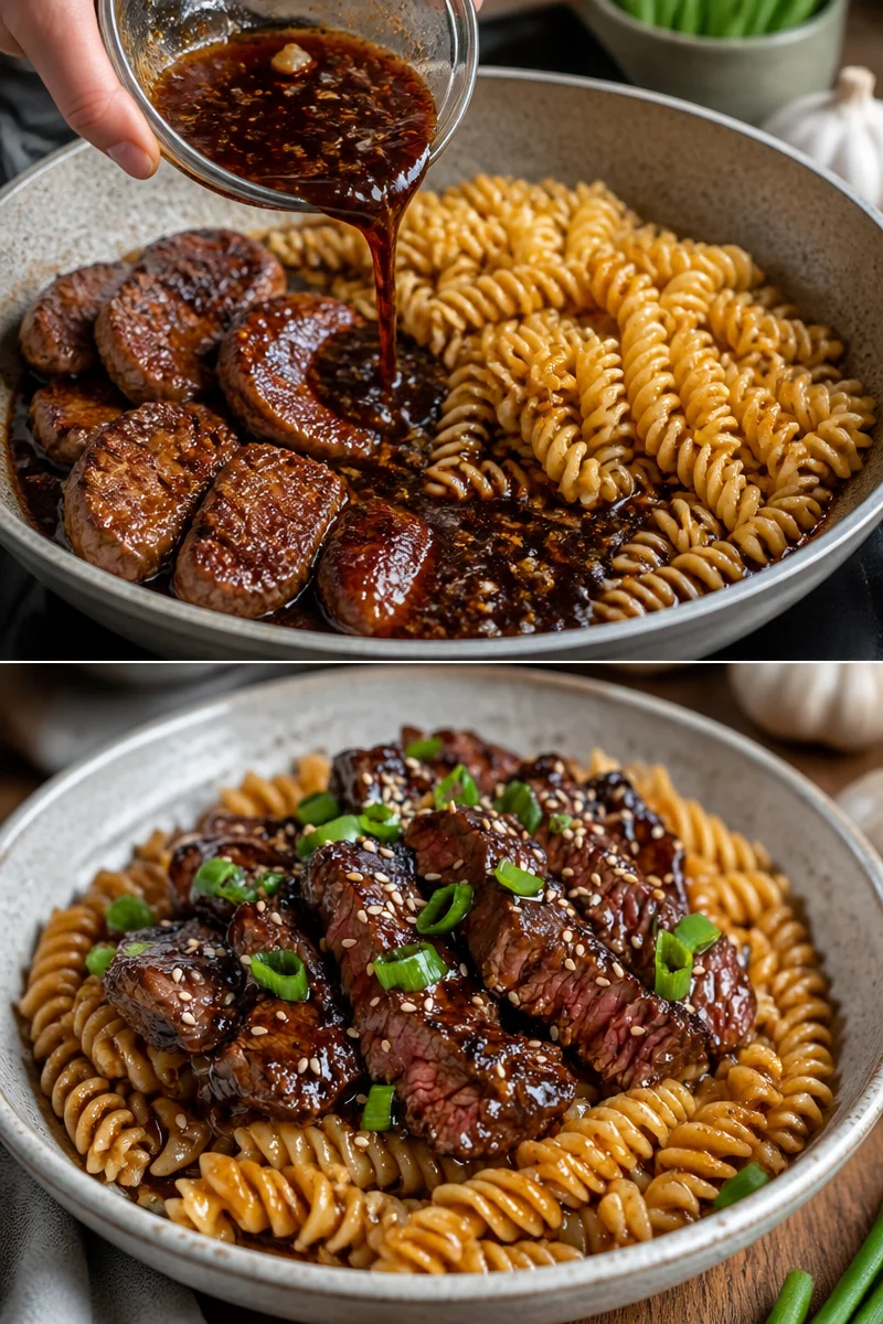Klebriges Honig-Knoblauch-Steak mit Rotini auf einem Teller serviert.