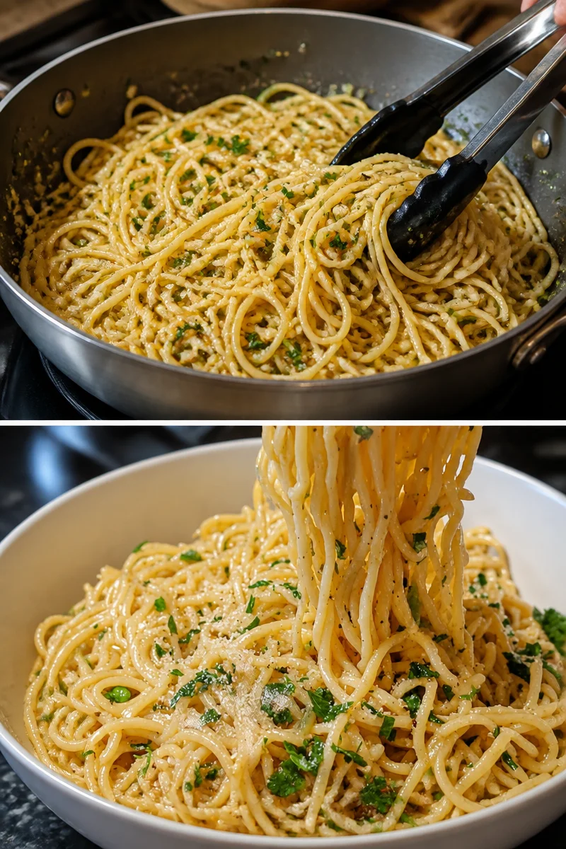 Schüssel mit Knoblauchbutter-Kräuter-Pasta, garniert mit frischen Kräutern.