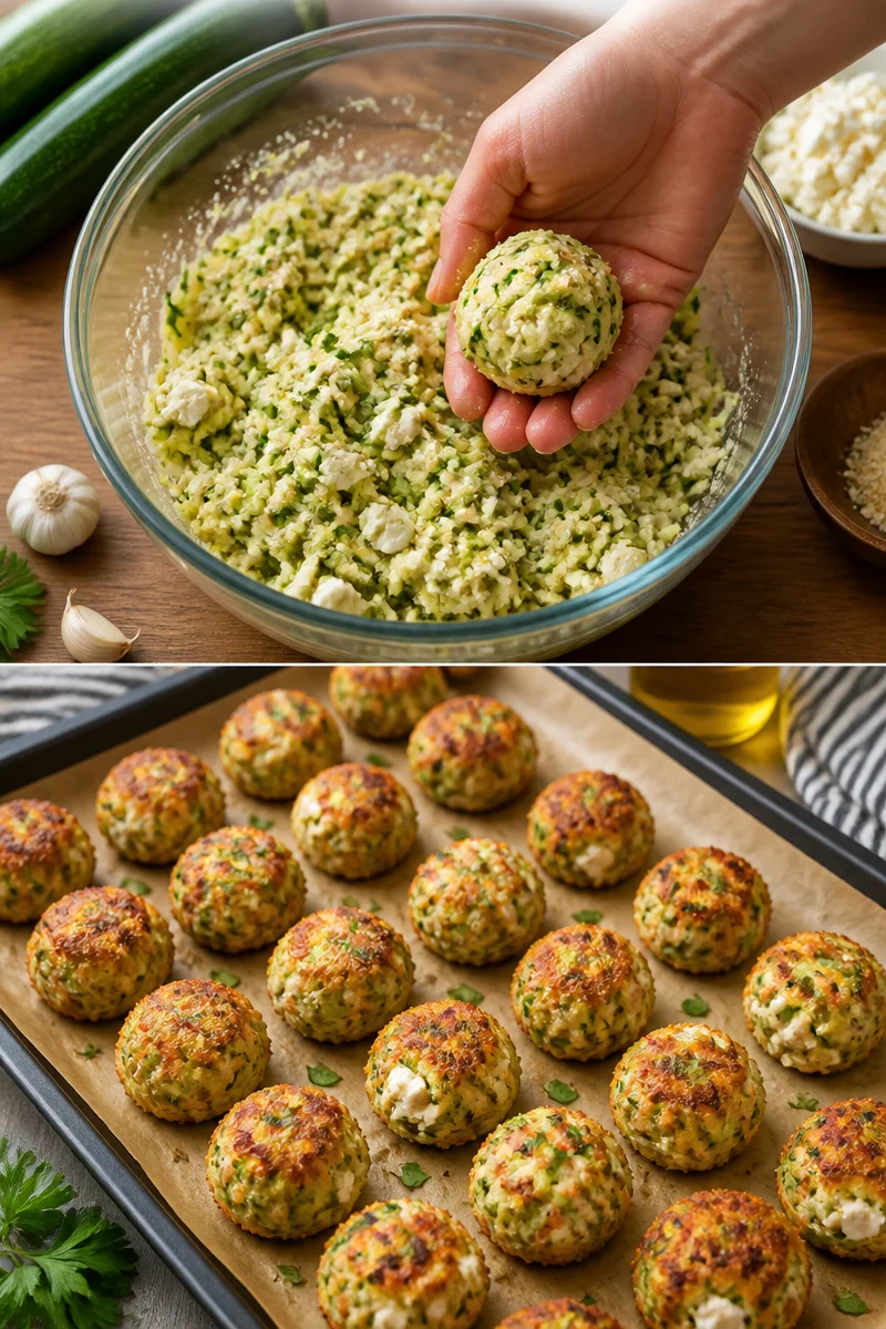 Knusprige Zucchini-Feta-Bällchen frisch aus dem Ofen serviert