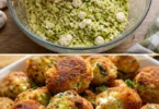 Knusprige Zucchini-Feta-Bällchen frisch aus dem Ofen auf einem Holztisch serviert