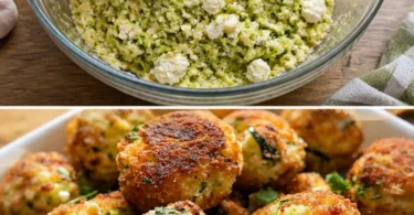 Knusprige Zucchini-Feta-Bällchen frisch aus dem Ofen auf einem Holztisch serviert