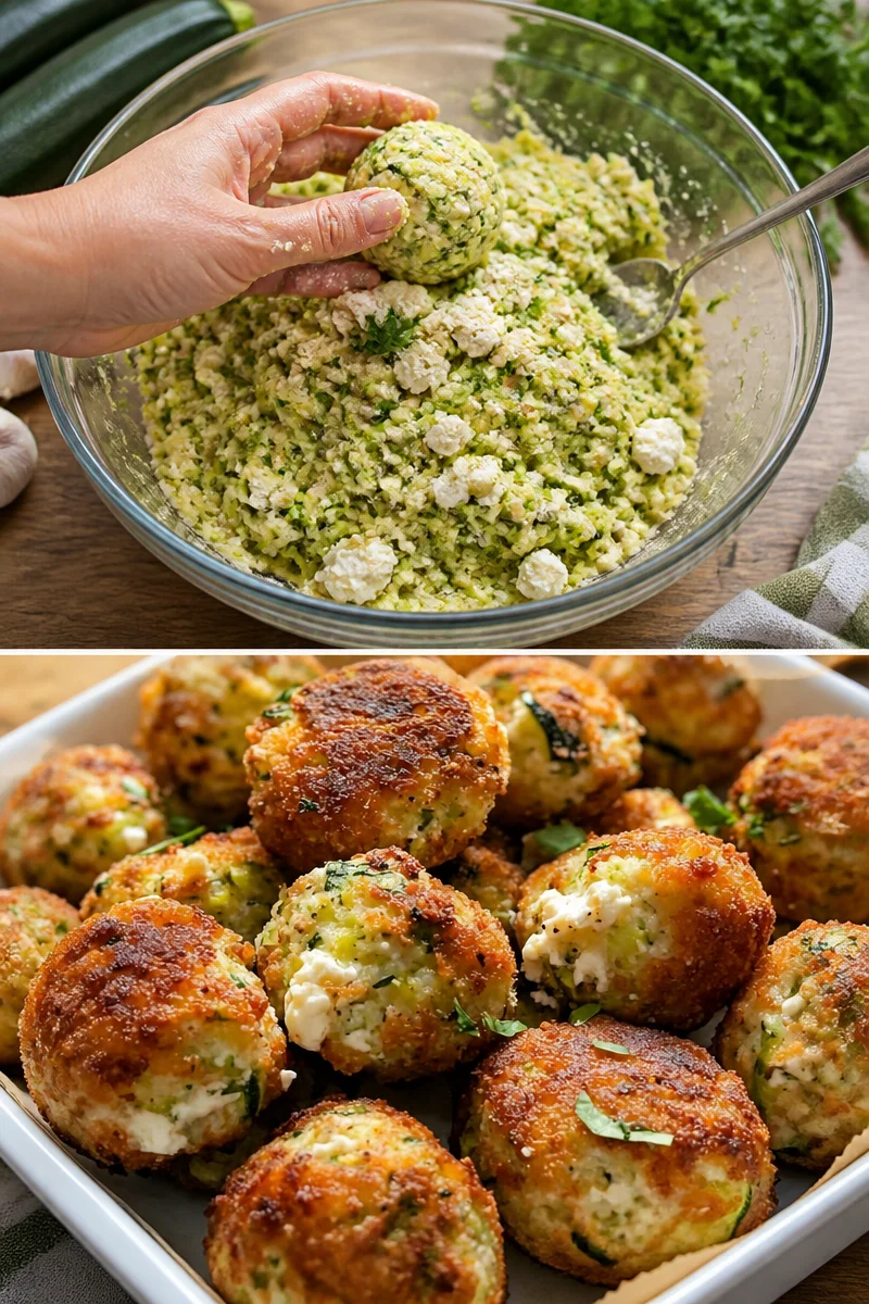 Knusprige Zucchini-Feta-Bällchen frisch aus dem Ofen auf einem Holztisch serviert