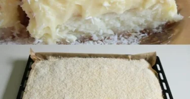 Kokoskuchen mit Vanillepudding auf einem Teller serviert