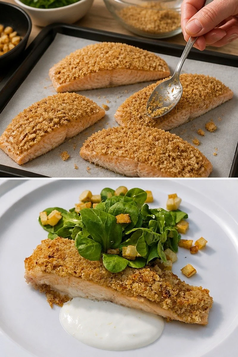 Lachs unter der Meerrettichkruste mit Feldsalat und Kartoffelcroutons