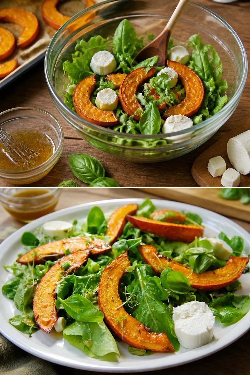 Lauwarmer Kürbissalat mit Rauke, Basilikum und Ziegenkäse