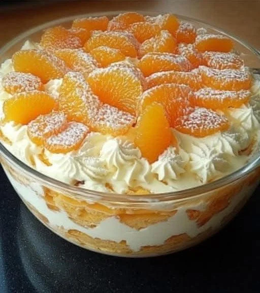 Mandarinen Tiramisu in einer dekorativen Glasschüssel serviert