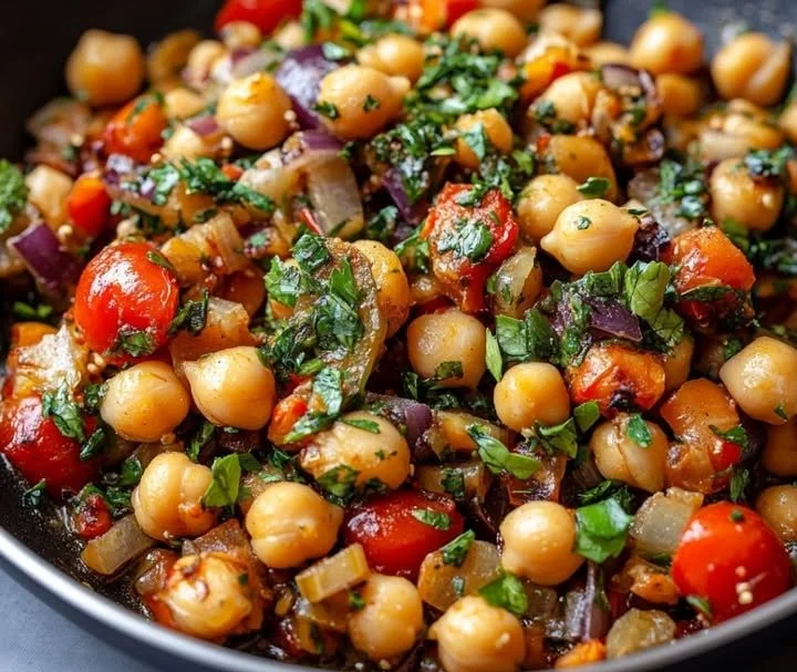 Mediterranes Ein-Pfannen-Gericht mit Kichererbsen