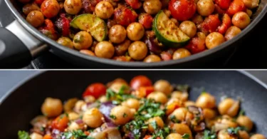 Mediterranes Ein-Pfannen-Gericht mit Kichererbsen in einer Pfanne
