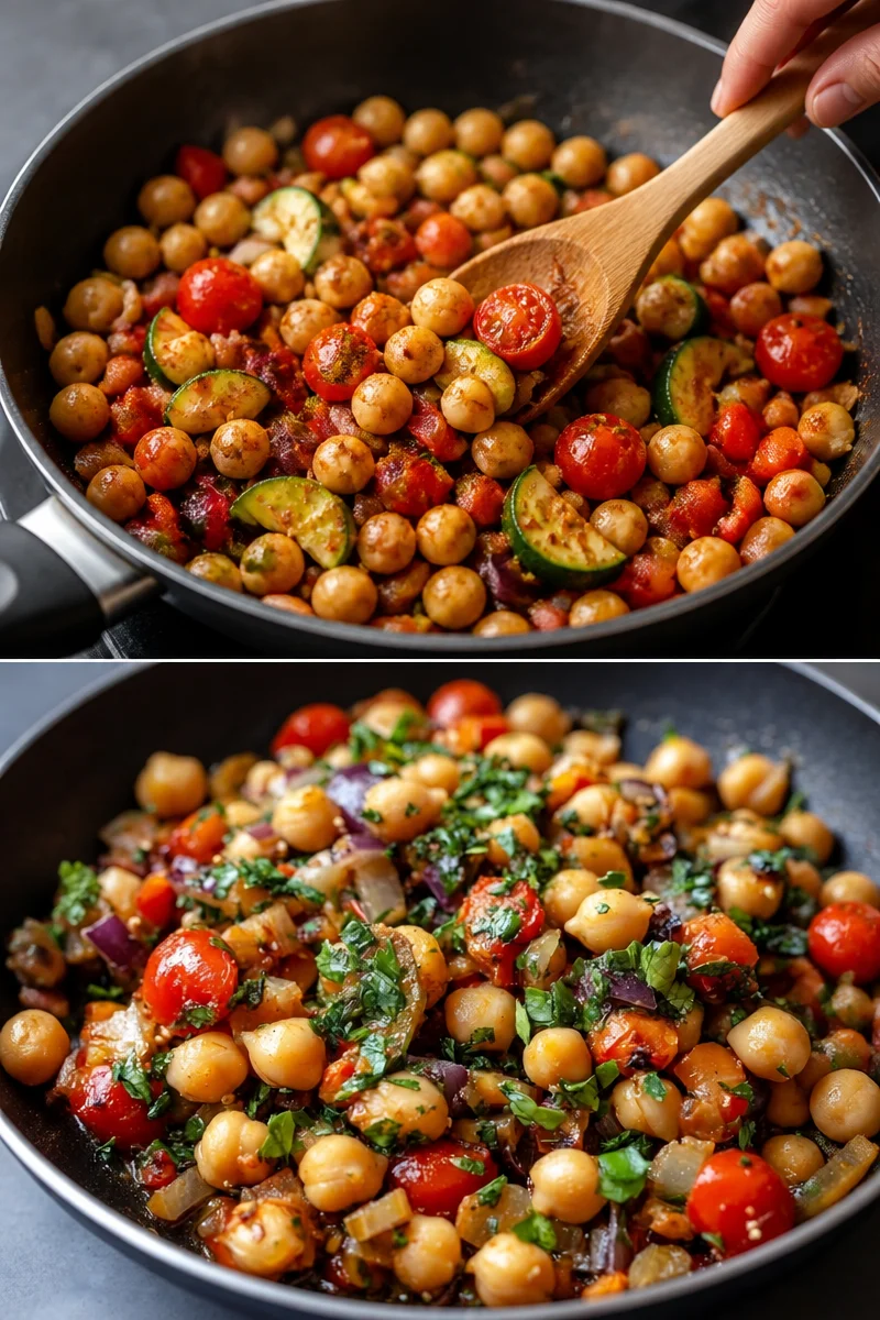 Mediterranes Ein-Pfannen-Gericht mit Kichererbsen in einer Pfanne