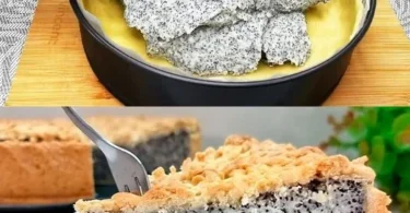 Mohnkuchen mit Streuseln auf einem Blech, frisch gebacken und appetitlich präsentiert.