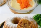 Möhrenkuchen mit Mandeln auf einem Teller, garnished mit Puderzucker.