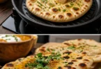Hausgemachtes Naan-Brot auf einem Holzbrett serviert