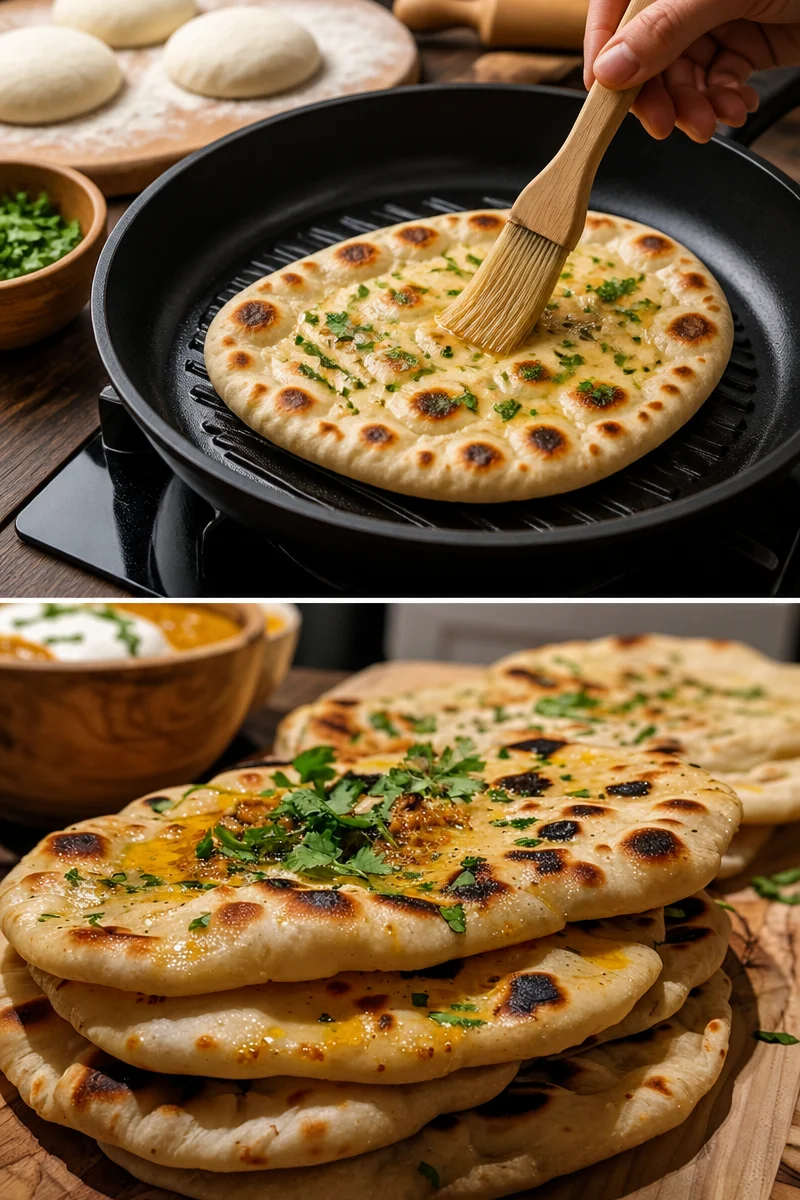 Hausgemachtes Naan-Brot auf einem Holzbrett serviert