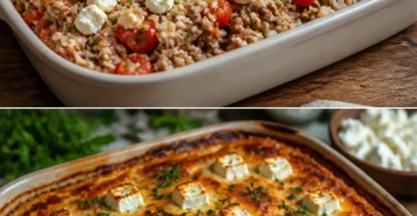 Ofengericht mit Hackfleisch, Reis und Feta aus dem Backofen