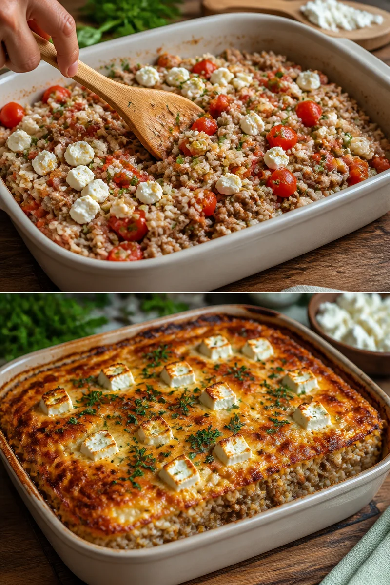 Ofengericht mit Hackfleisch, Reis und Feta aus dem Backofen
