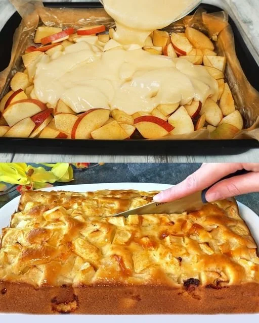 Omas Apfelkuchen auf einem Teller, frisch gebacken und dekoriert mit Äpfeln