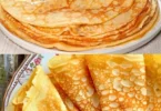 Omas weltbeste Pfannkuchen auf einem Teller, serviert mit frischen Früchten