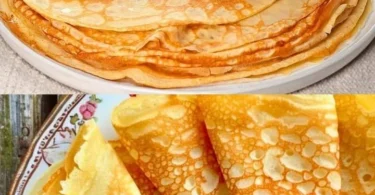 Omas weltbeste Pfannkuchen auf einem Teller, serviert mit frischen Früchten