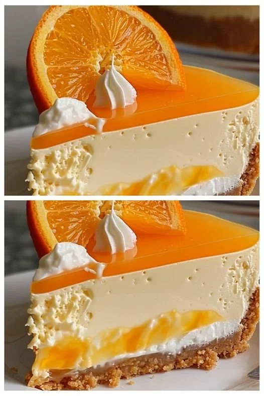 Orangen Schmandkuchen mit Kekskrümeln auf einem Teller serviert