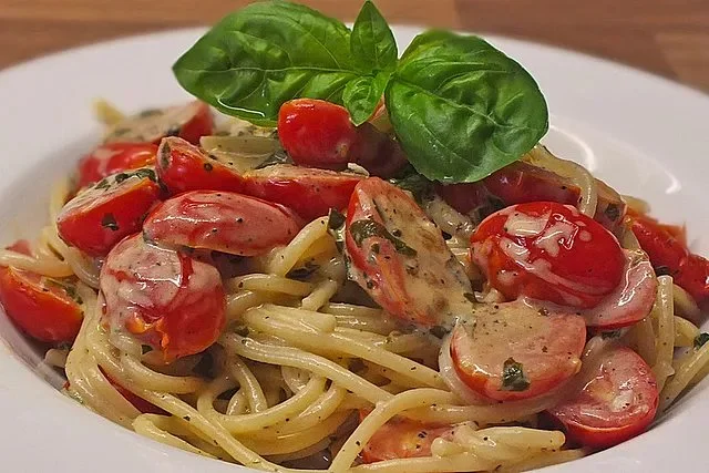 Pasta mit marinierten Kirschtomaten und Frischkäse