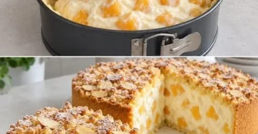 Pfirsich Schmandkuchen mit sahniger Füllung und frischen Pfirsichen
